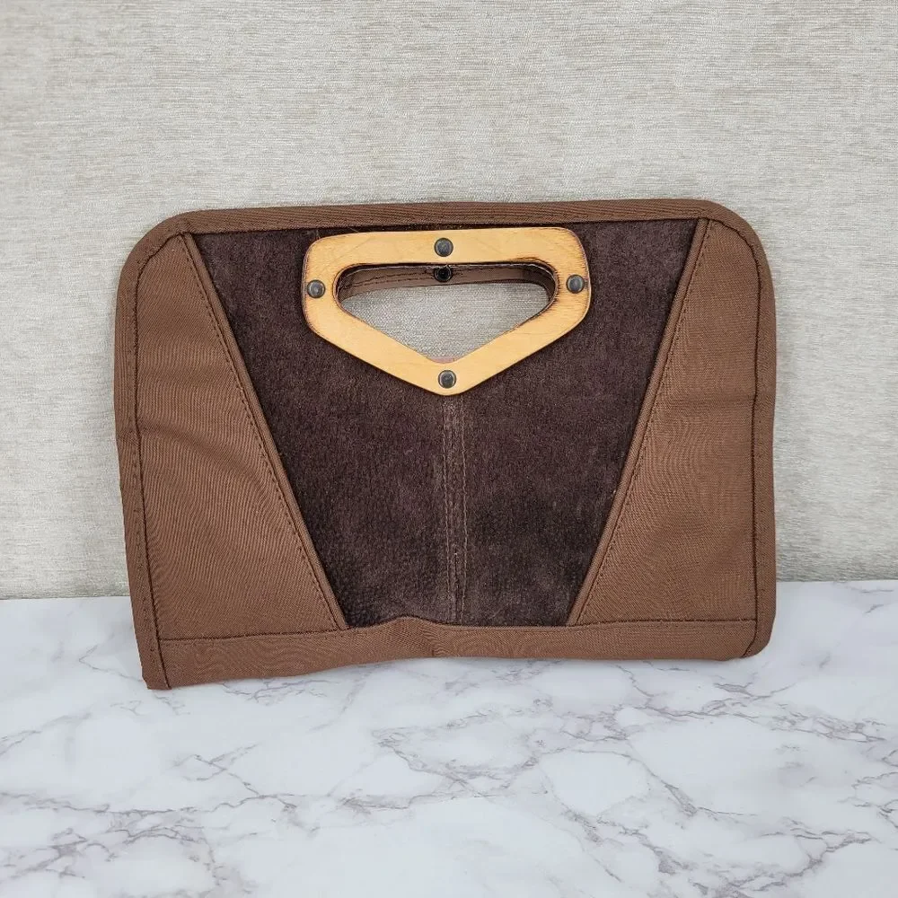 Vintage Brown Suede and Canvas Clutch Bag with Wooden Handles